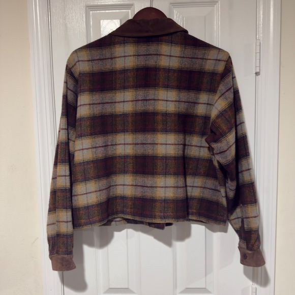 New York Style Plaid Jacket Womens M Brown Suede Collar Button Front Cropped - Picture 7 of 7
